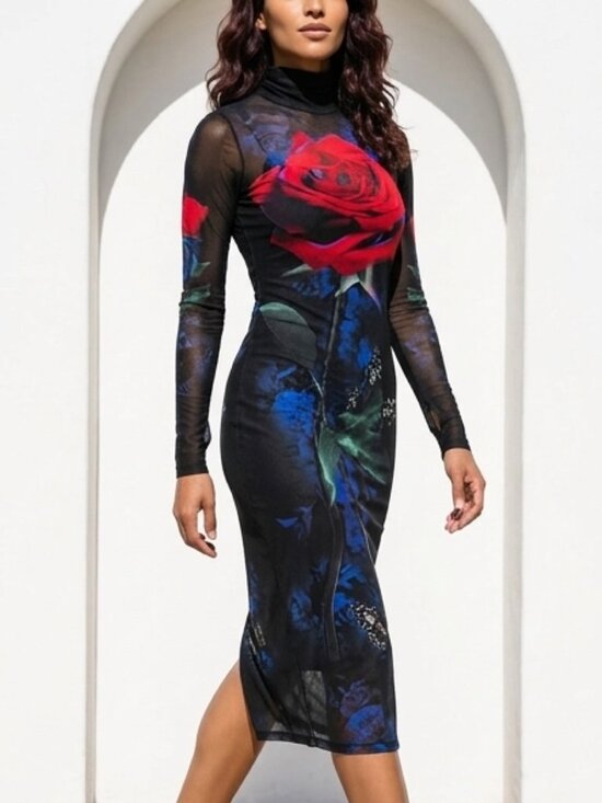 AFRM Dresses & Skirts - 🌹 AFRM Sheer Mesh Rose Print Midi Dress w/ Slip